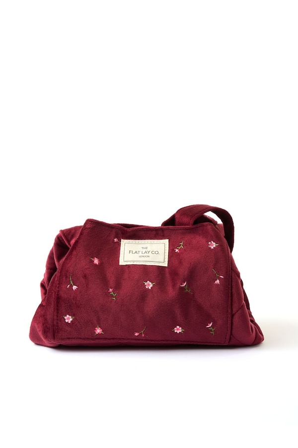The Flat Lay Co Drawstring Makeup Bag - Ditsy Roses & Flowers Burgundy Embroidered Velvet Multi