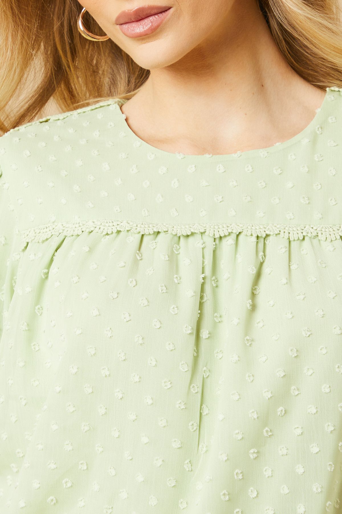 Oasis Lace Trim Puff Sleeve Blouse Green image 5