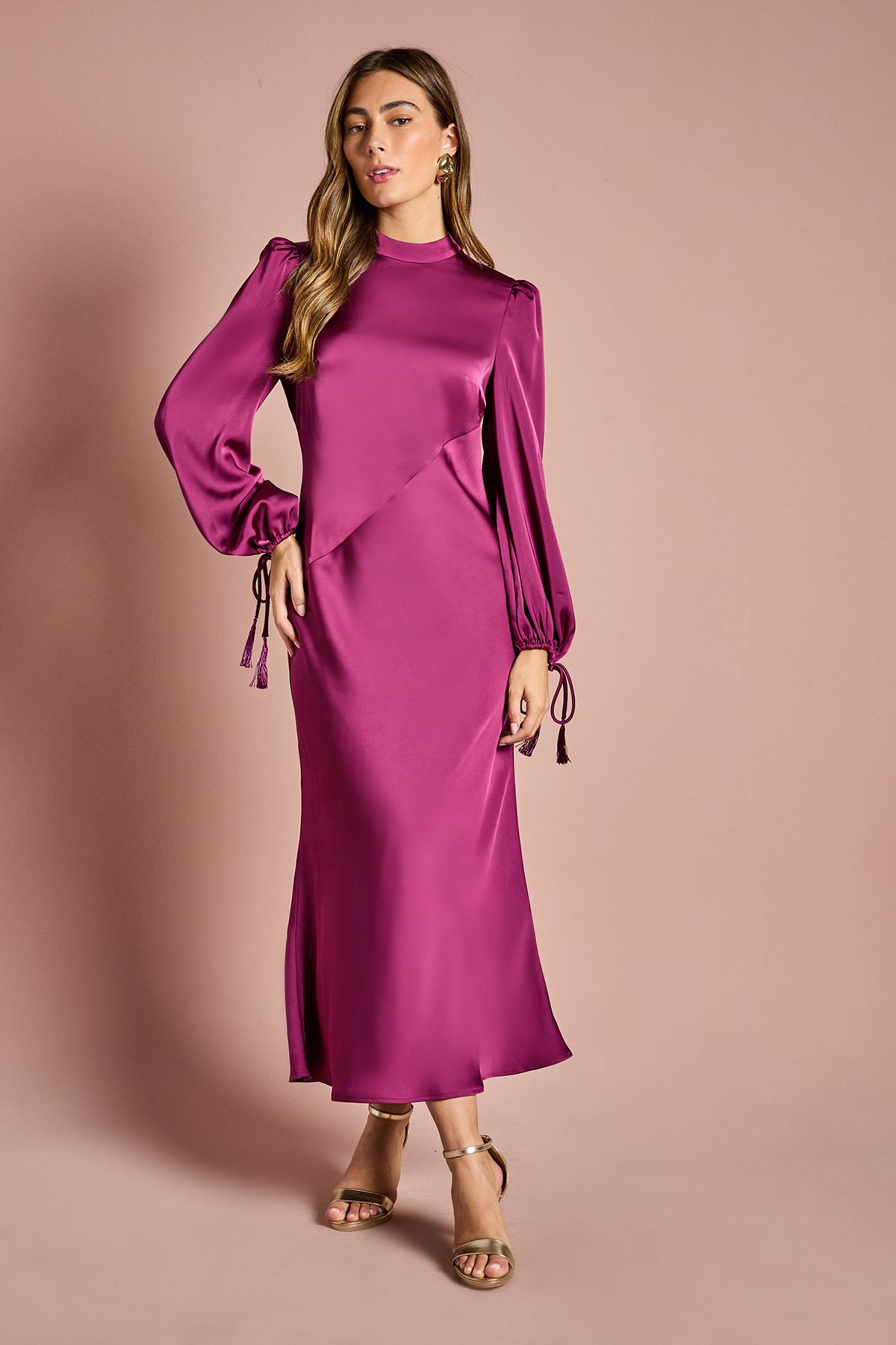 Coast Blouson Sleeve Satin Midi Dress Berry image 1