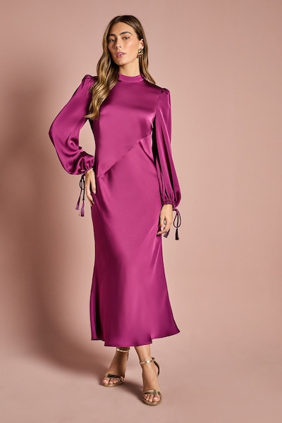 Coast Blouson Sleeve Satin Midi Dress Berry