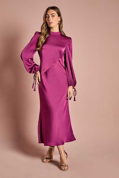 Coast Blouson Sleeve Satin Midi Dress Berry