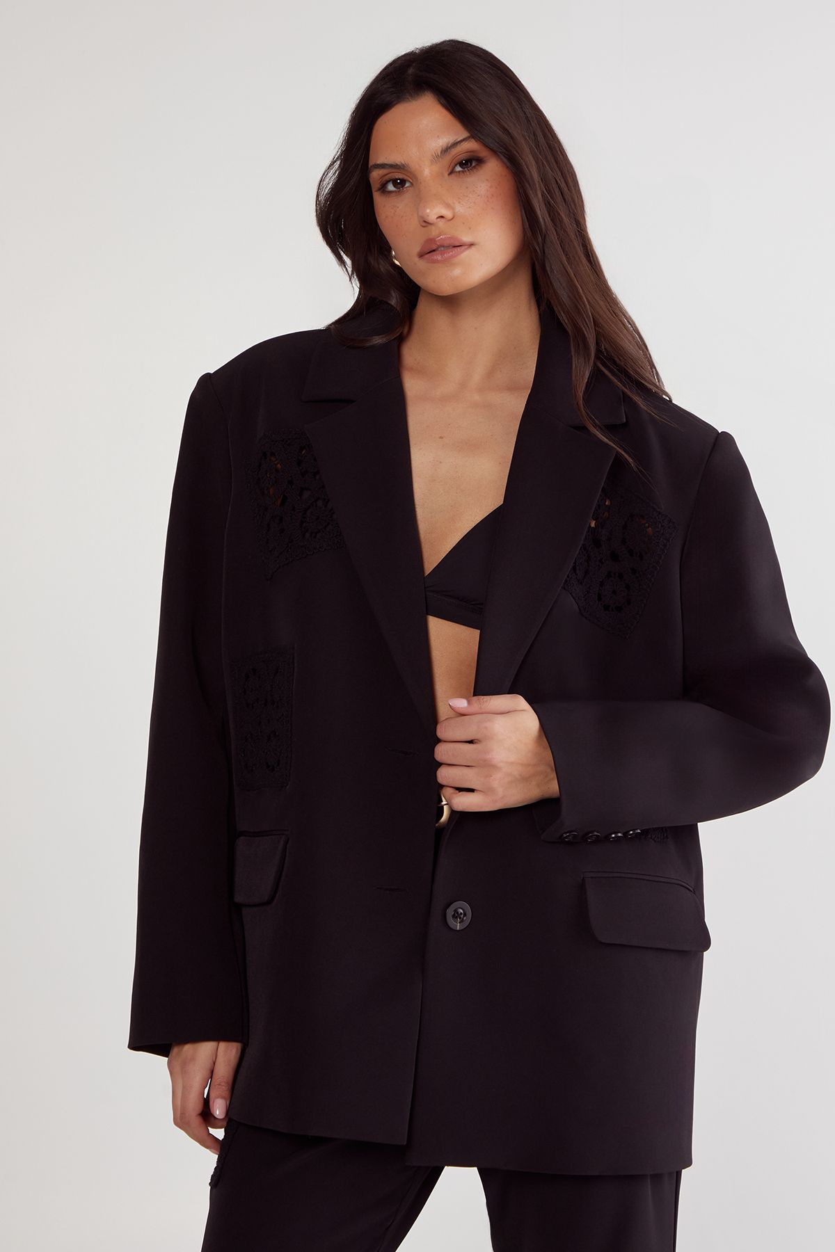 NastyGal Tailored Crochet Insert Oversized Blazer Black image 1