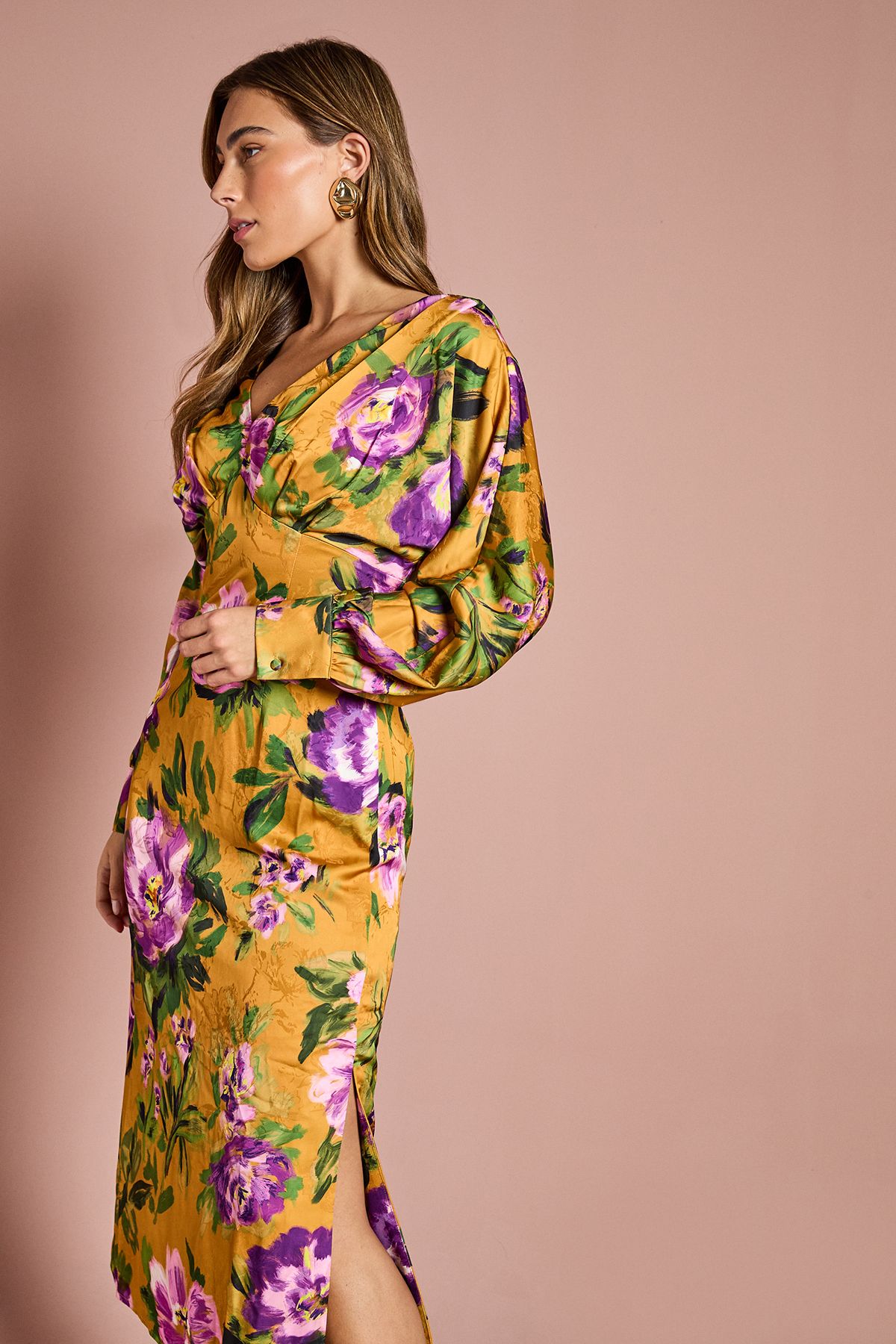 Coast Printed Long Sleeve Satin Maxi Dress With Cowl Back Chartreuse image 2