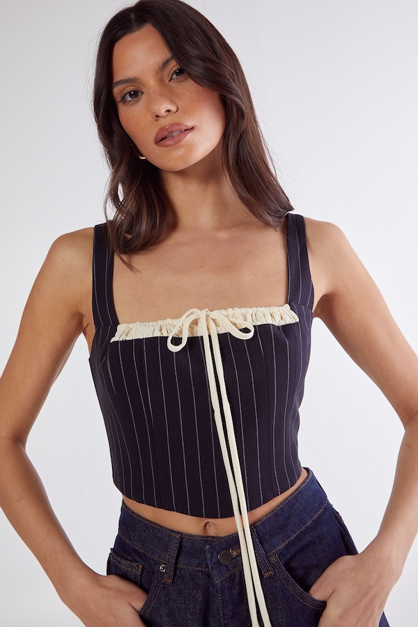 NastyGal Pinstripe Contrast Bust Tailored Corset Top Navy