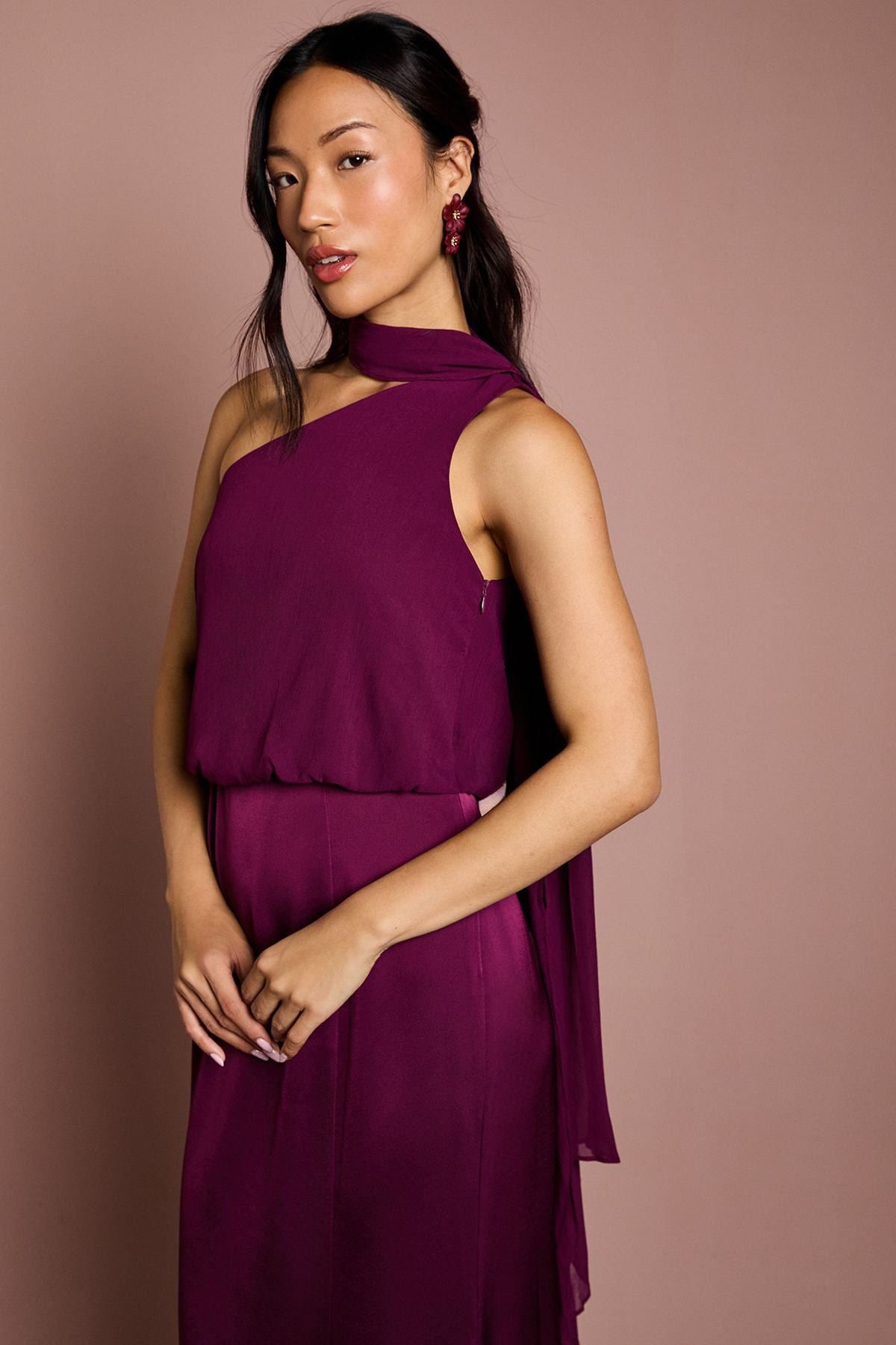 Coast One Shoulder Maxi Bridesmaid Dress with Neck Scarf Fig image 2