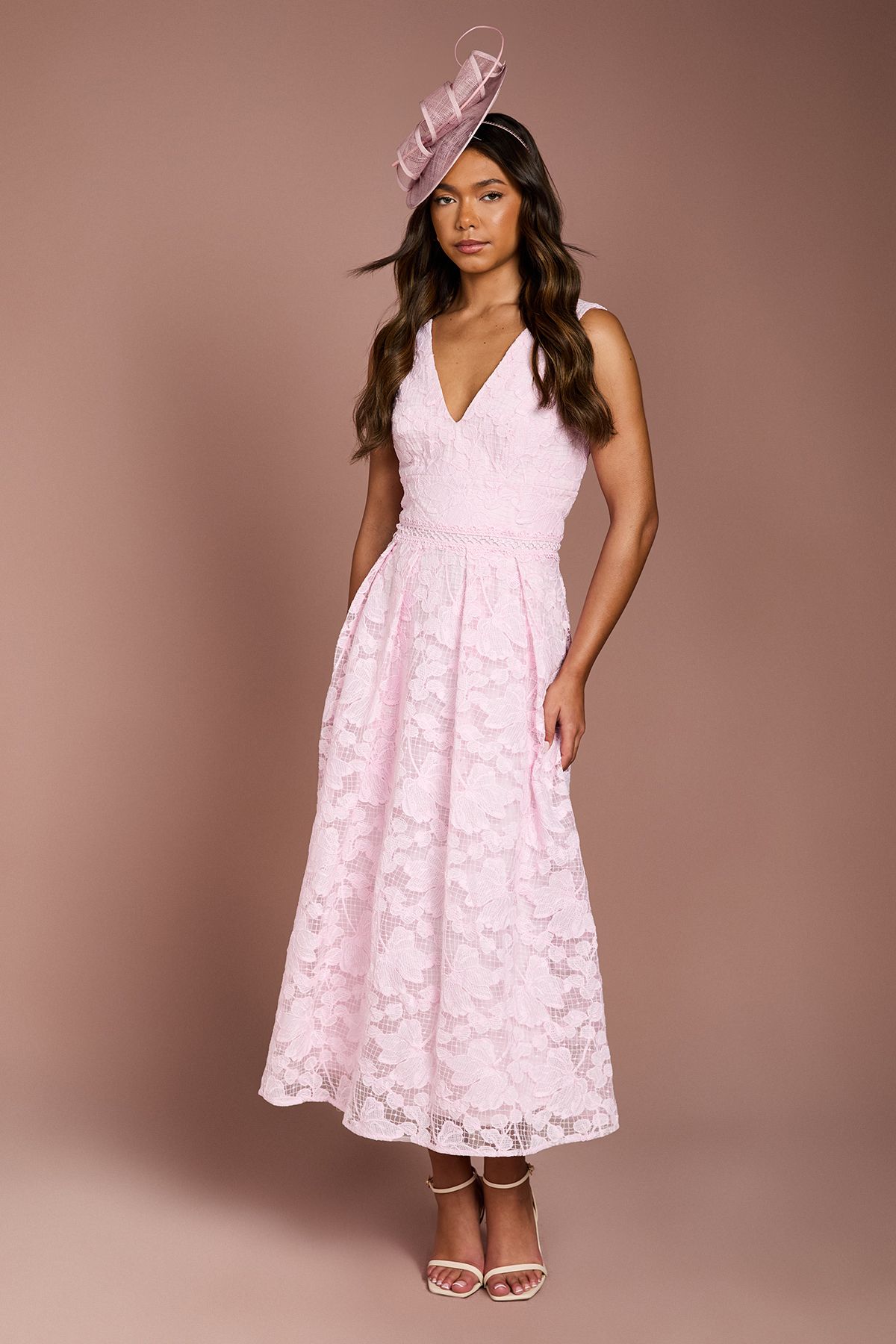 Coast V Neck Organza Lace Full Skirted Midi Dress Lilac image 1