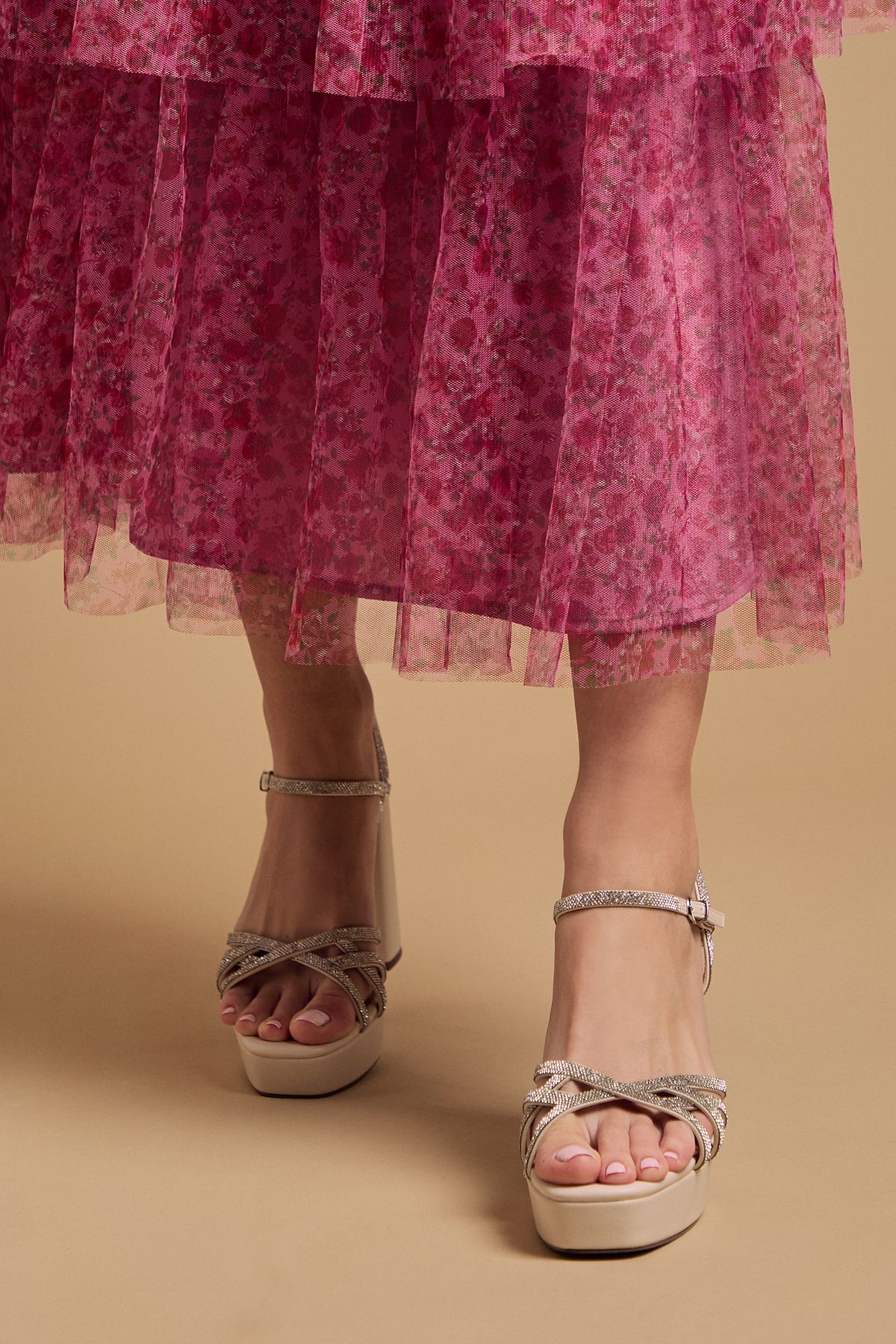 Oasis Mona Faux Leather Embellished High Block Heel Platform Sandals Beige image 2