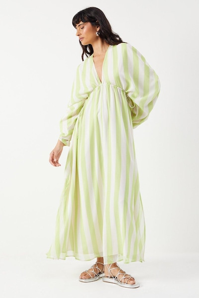 Warehouse Stripe Chiffon Pleat Plunge Neck Batwing Midaxi Dress Lime