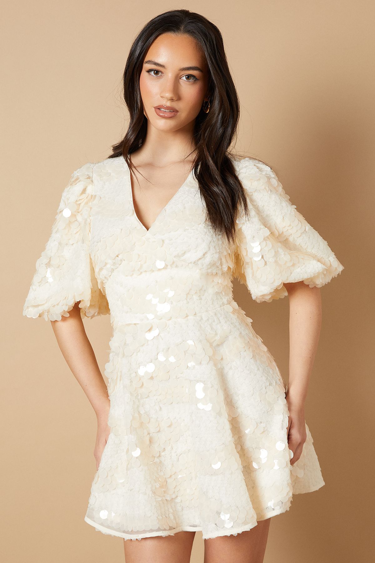 Oasis Flared Sleeve Disc Sequin Mini Dress Ivory image 2