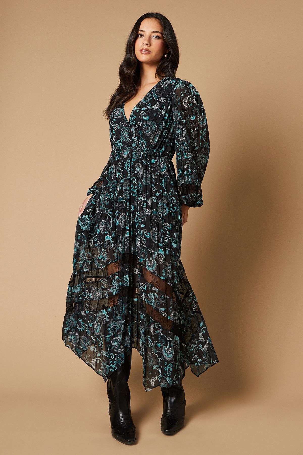 Oasis Paisley Pleated Lace Trim Insert Wrap Midi Dress Black image 1