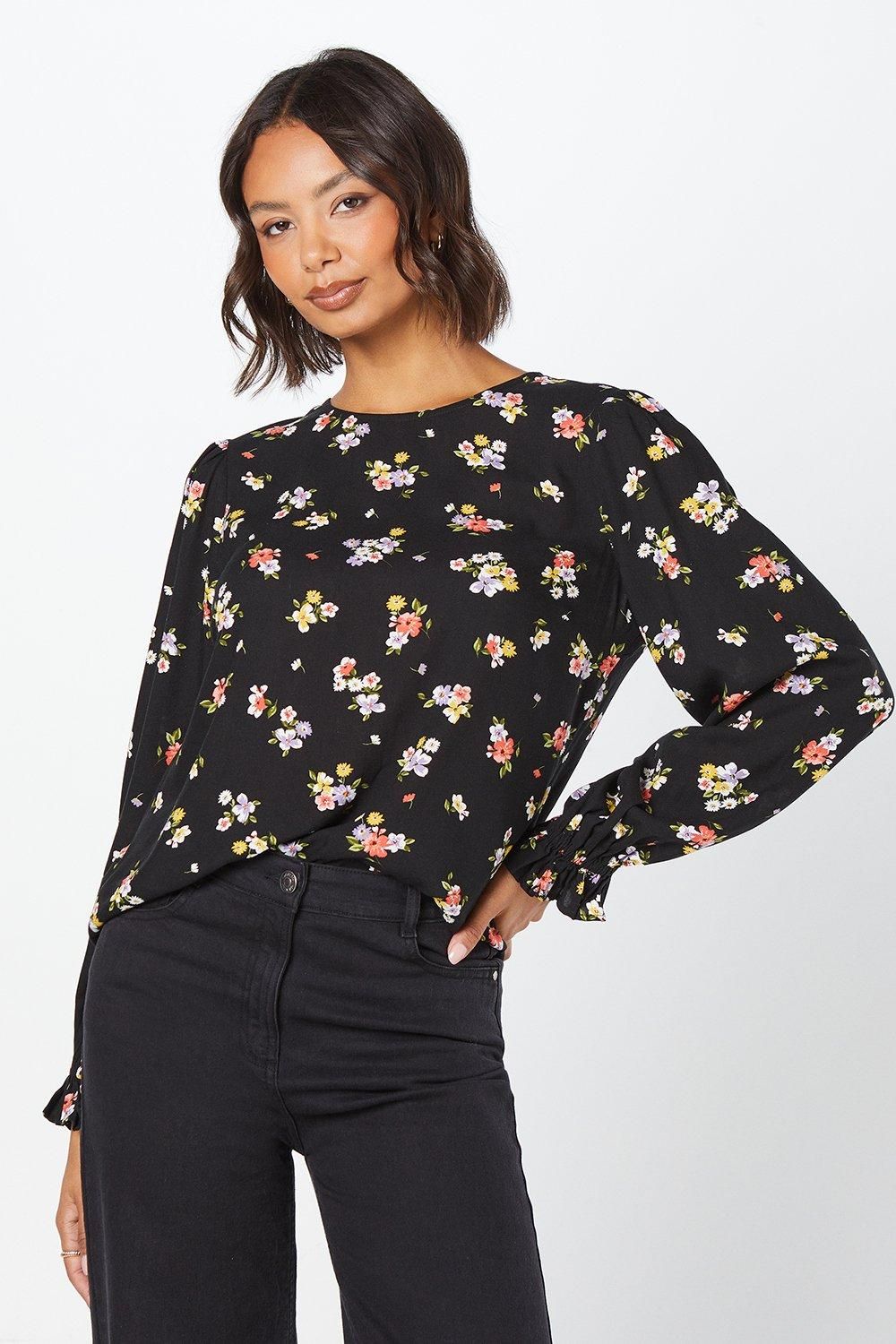 Dorothy Perkins Ditsy Floral Long Sleeve Blouse Black