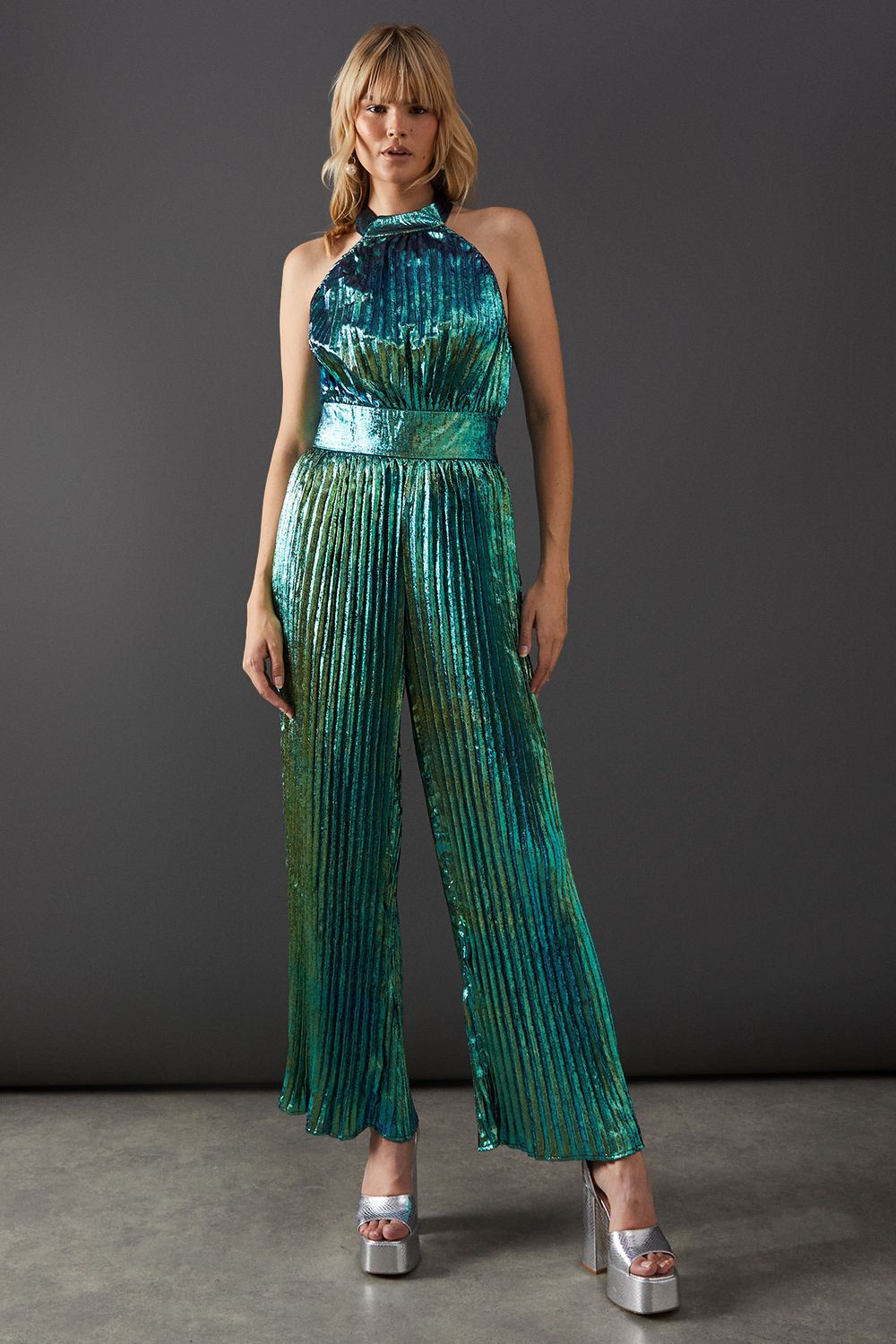 Warehouse Lame Metallic High Neck Pleated Jumpsuit Dark Green image 1