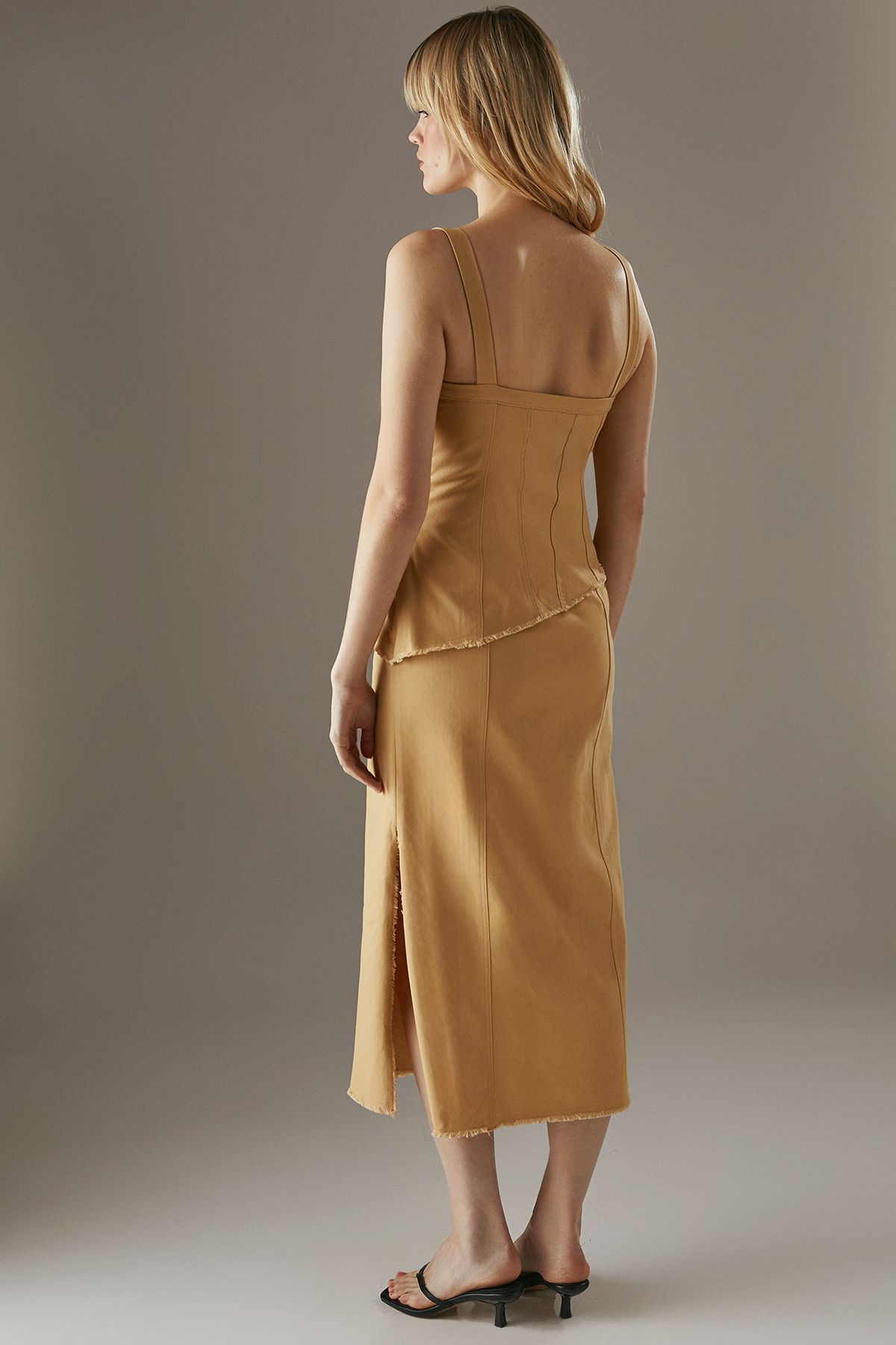 Warehouse Buckle Detail Raw Edge seamed Midi Dress Yellow image 3