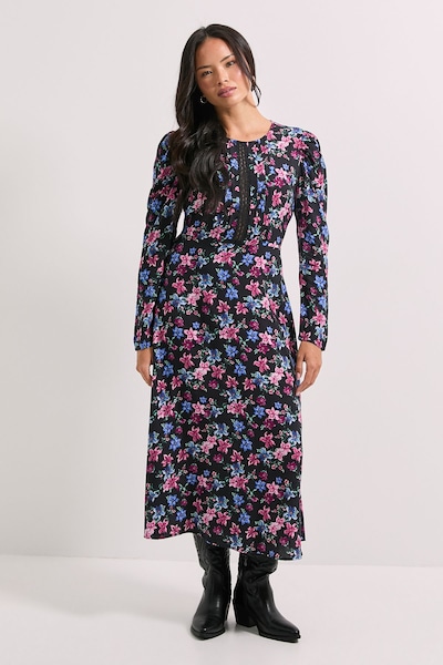Dorothy Perkins Black Floral Lace Detail Long Sleeve Printed Midi Dress Floral