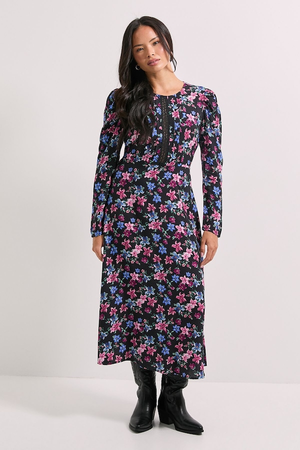 Dorothy Perkins Black Floral Lace Detail Long Sleeve Printed Midi Dress Floral