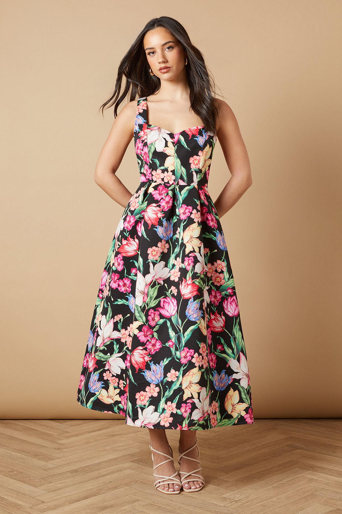 Oasis Occasion Floral Strappy Twill Midi Dress Black image 1