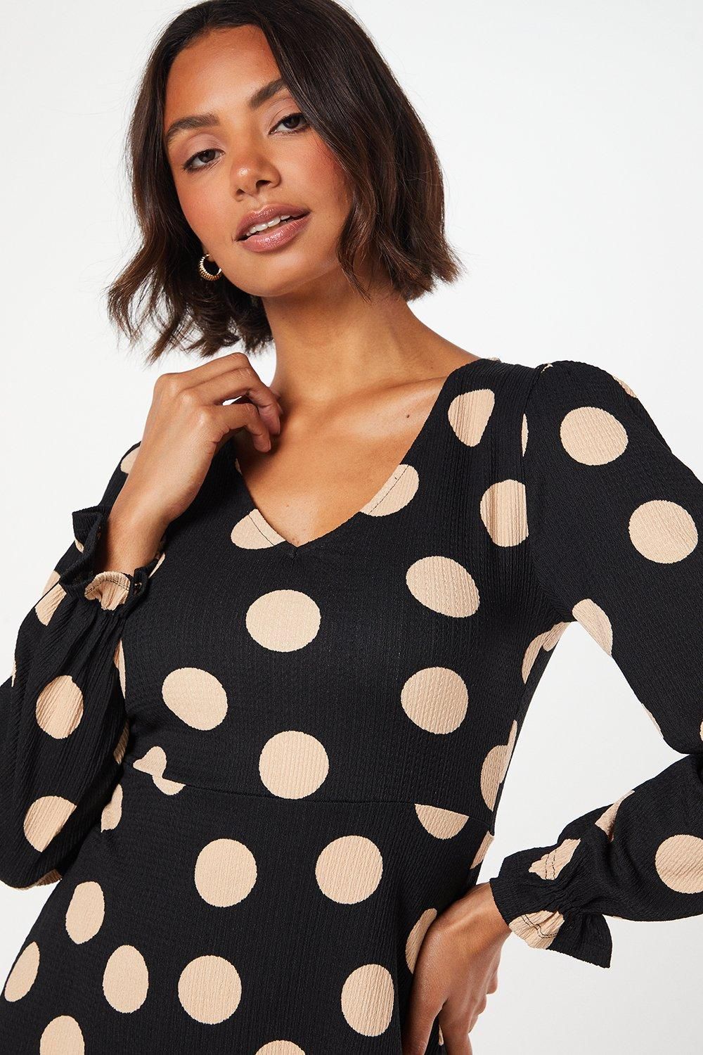 Dorothy Perkins Spot Long Sleeve V Neck Mini Dress Black image 2