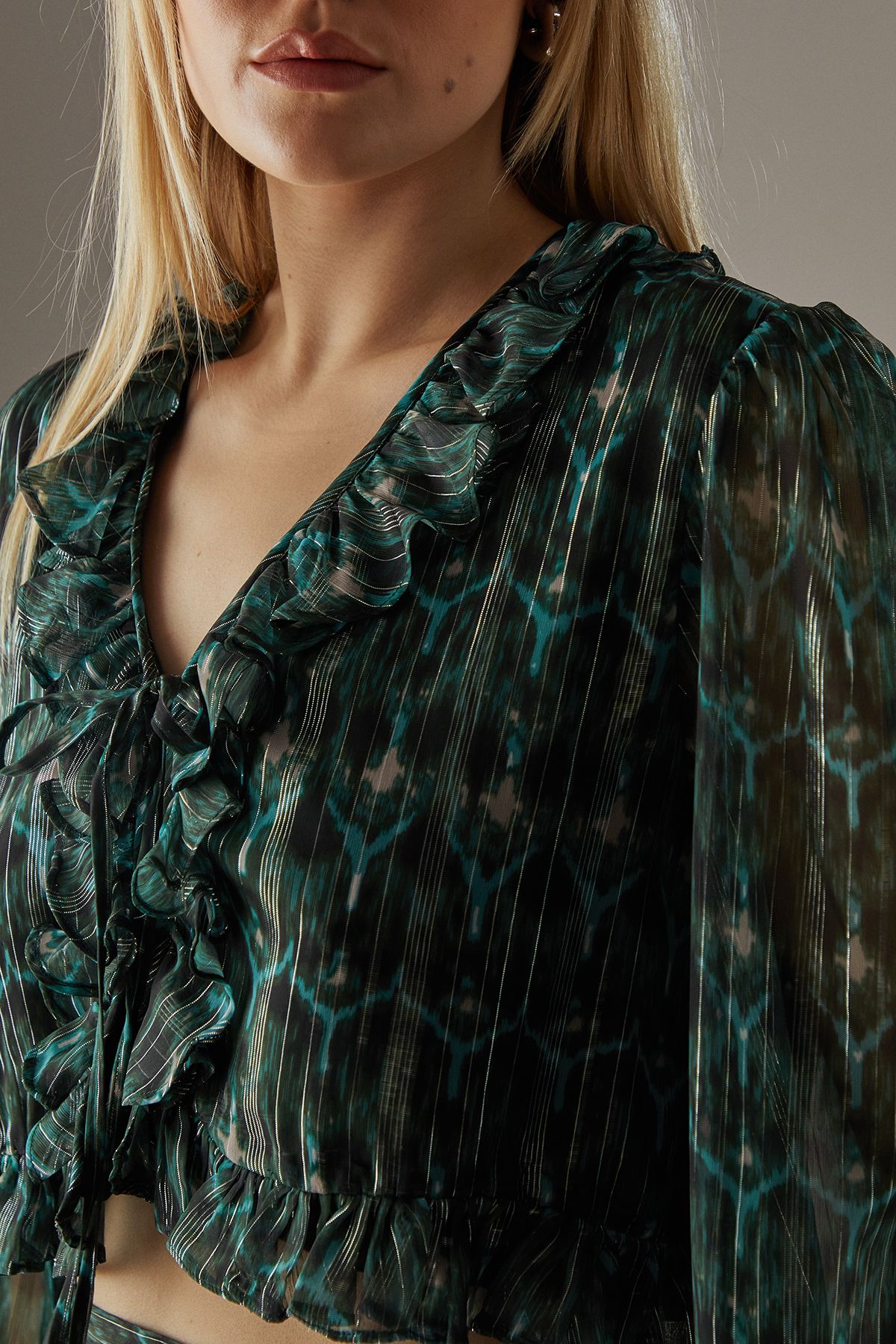 Warehouse Metallic Chiffon Ruffle Tie Front Flared Sleeve Blouse Green image 4