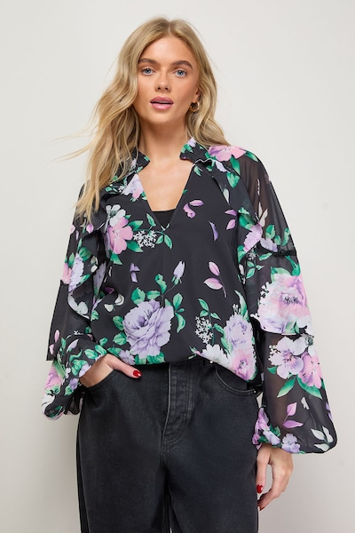 Oasis Cape Detail Trim Balloon Sleeve Boho Blouse Floral