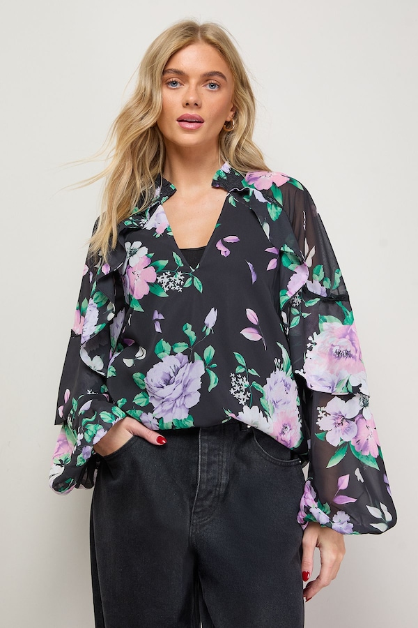 Oasis Cape Detail Trim Balloon Sleeve Boho Blouse Floral