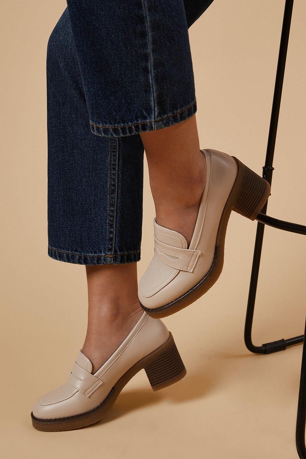 Oasis Butterfly Faux Leather Chunky Heeled Penny Loafers Beige image 1