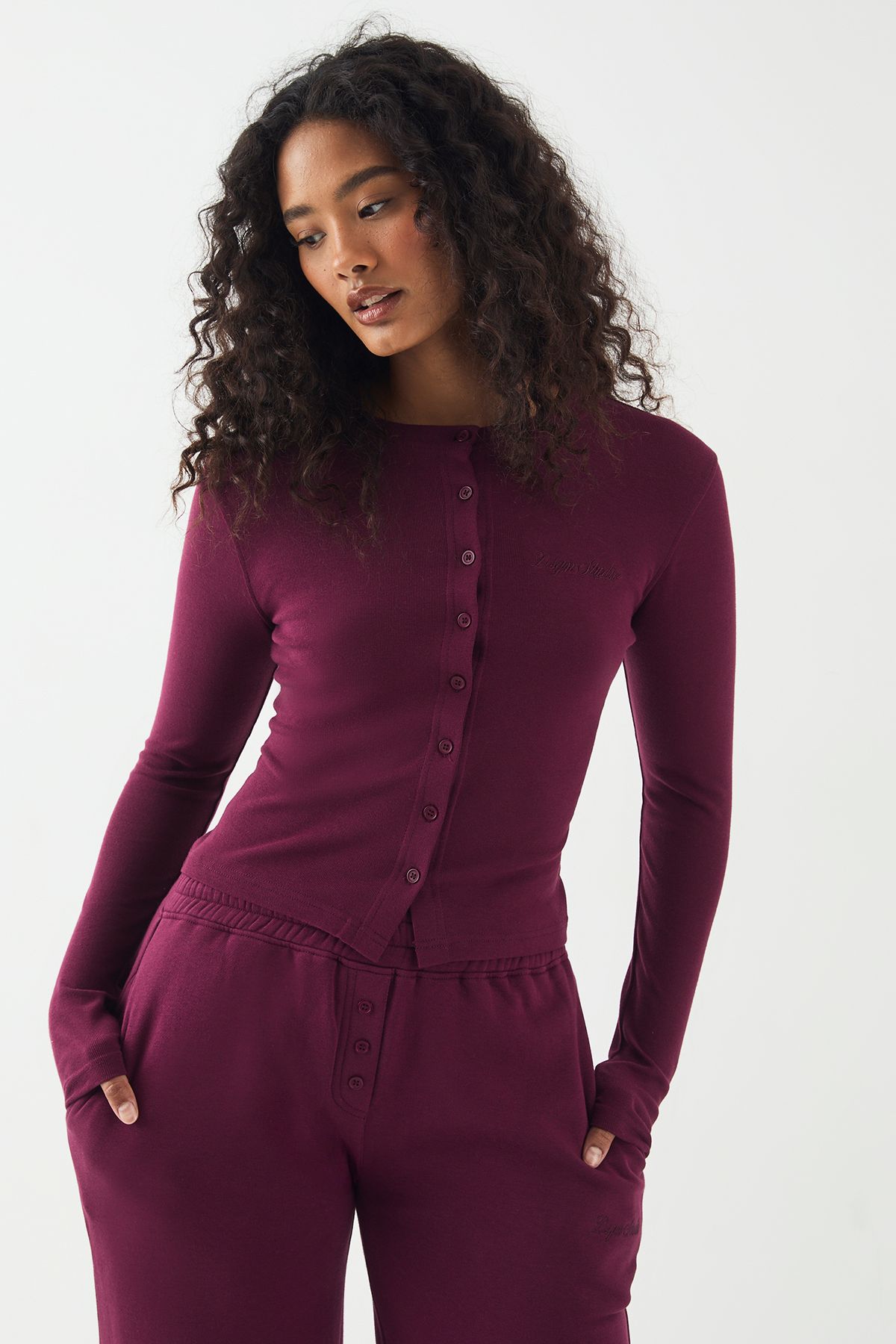 DSGN Studio DSGN Studio Ribbed Script Embroidery  Button Through Long Sleeve Top Plum image 3