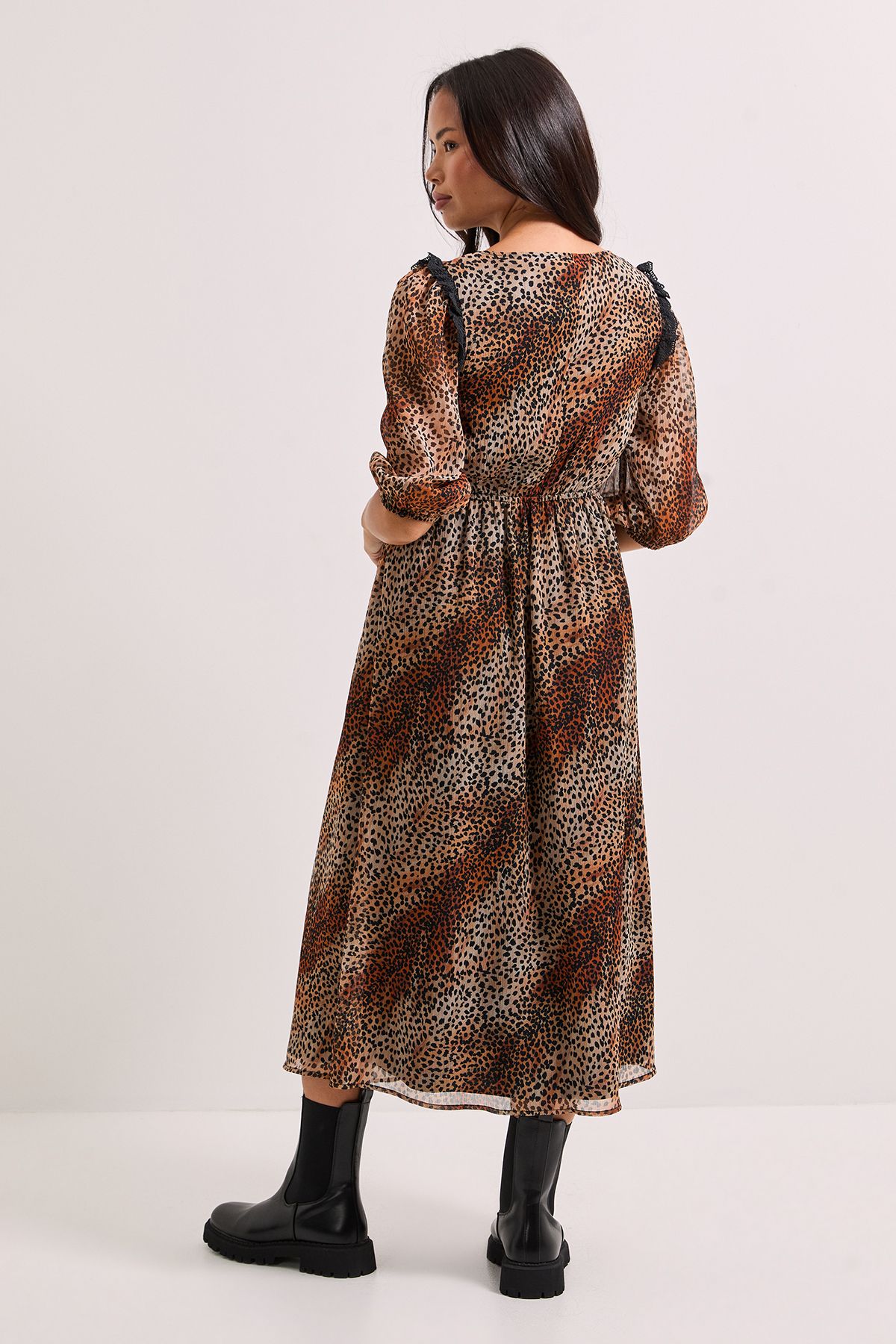 Dorothy Perkins Animal Printed Lace Trim Blouson Sleeve Midi Dress Animal image 3