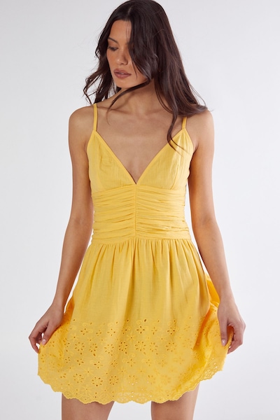 NastyGal Cotton Ruched Button Broderie Hem Strappy Mini Dress Lemon
