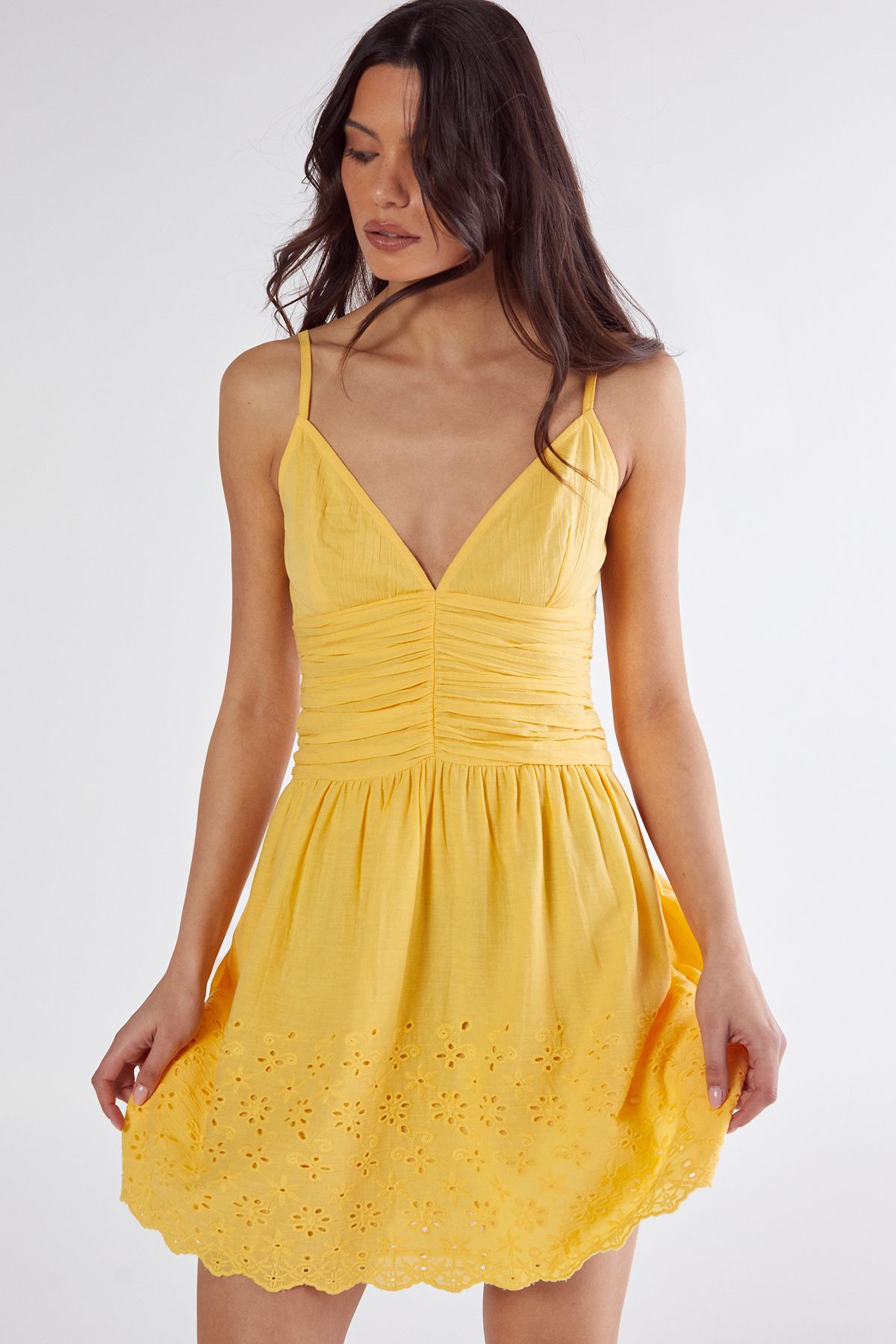 NastyGal Cotton Ruched Button Broderie Hem Strappy Mini Dress Lemon image 1