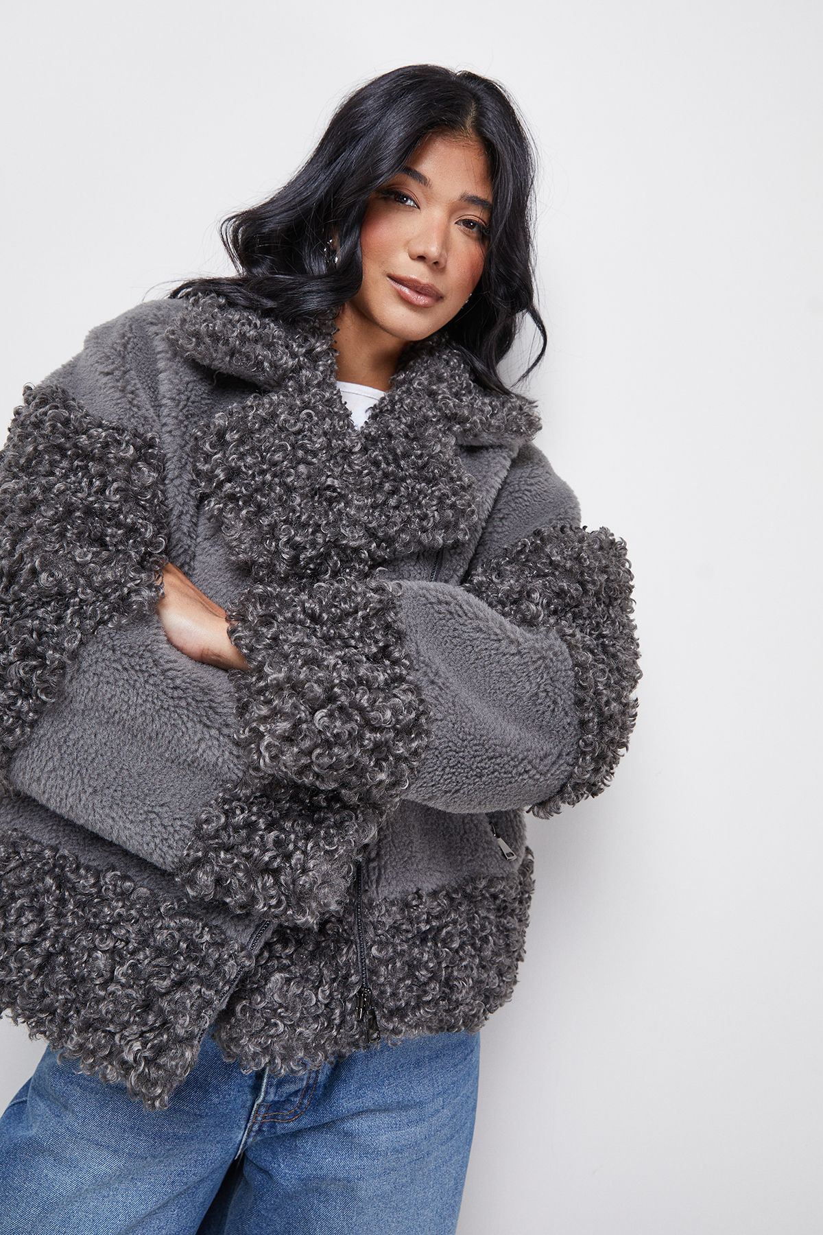 Warehouse Fur Mix Zip Through Jacket Grey image 4