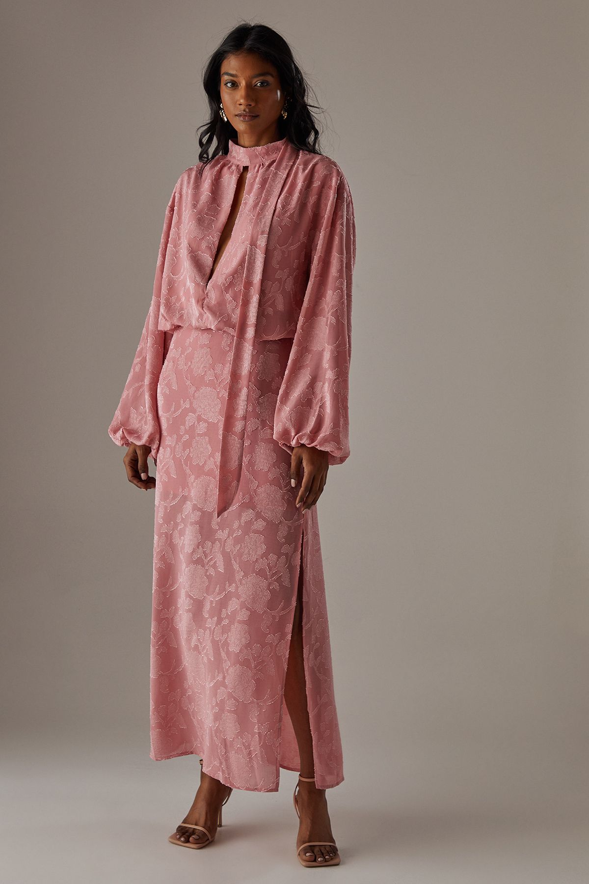 Warehouse Chiffon Jacquard High Neck Slash Front Blouse Pink