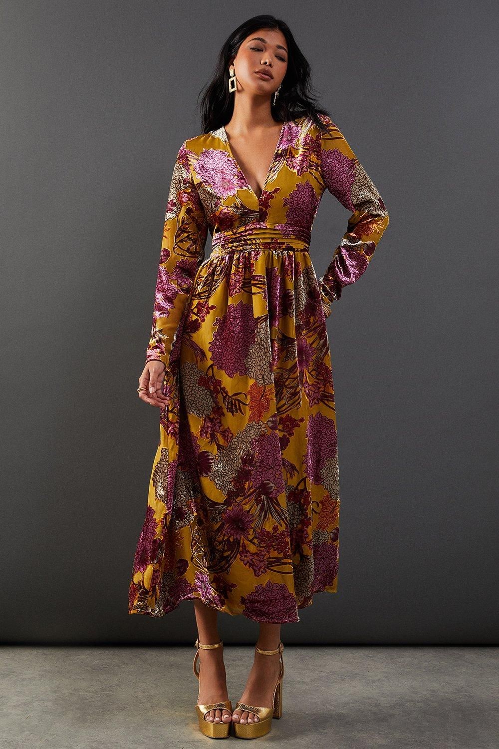 Warehouse Burnout Velvet Plunge Neck Waisted Midi Dress Ochre image 1