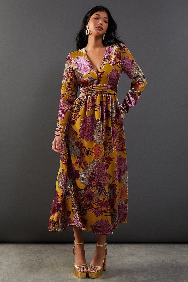 Warehouse Burnout Velvet Plunge Neck Waisted Midi Dress Ochre