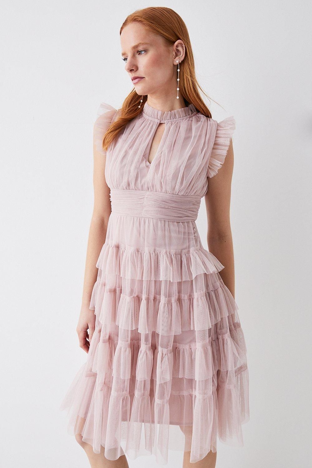 Coast Tulle Tiered Frill Sleeve Dress Blush image 1
