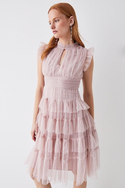 Coast Tulle Tiered Frill Sleeve Dress Blush