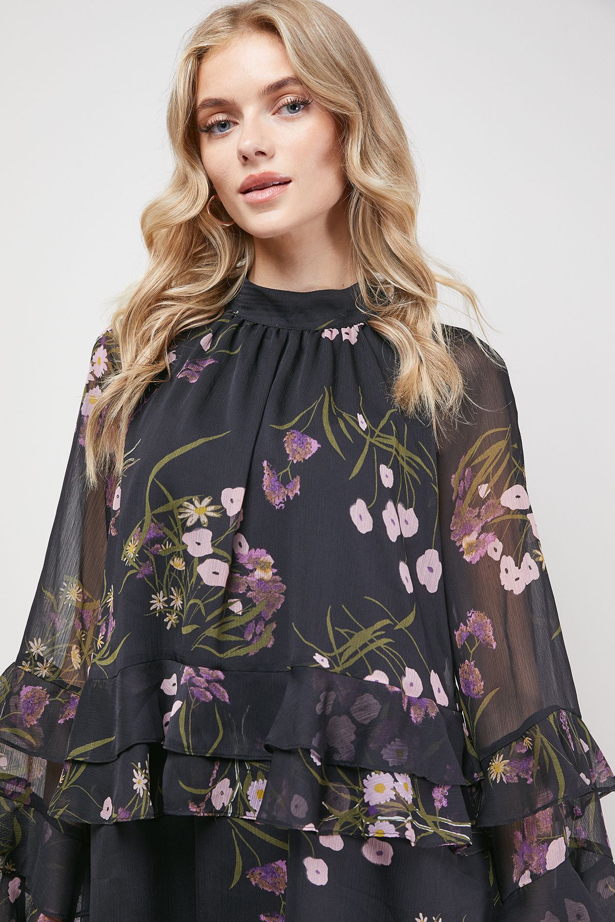 Oasis Layered Ruffle Sleeve Bow Back Mini Dress Floral image 4