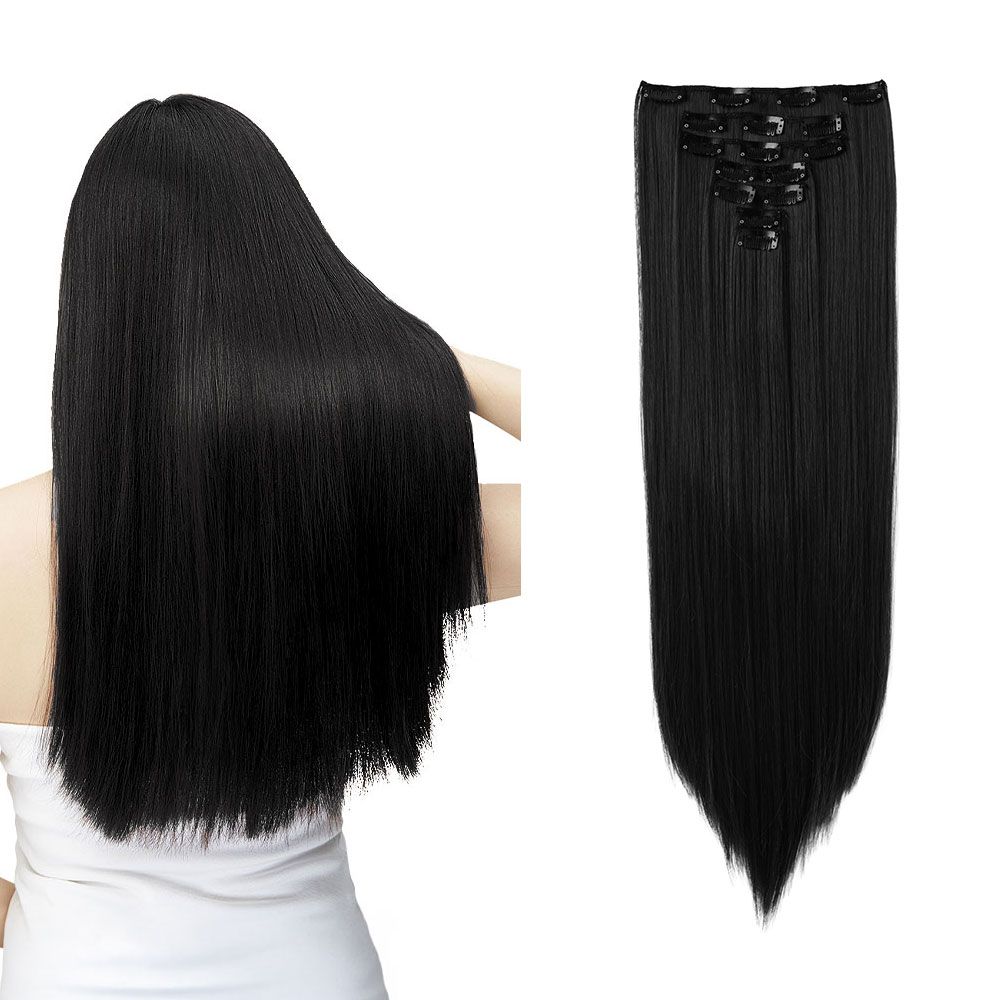 SHEONLY 7Pcs Black Clip-In Straight Hair Extensions