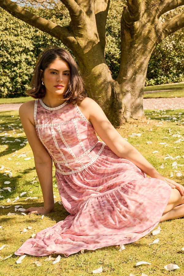 Oasis Printed Stud Embellished Trim Maxi Dress Multi