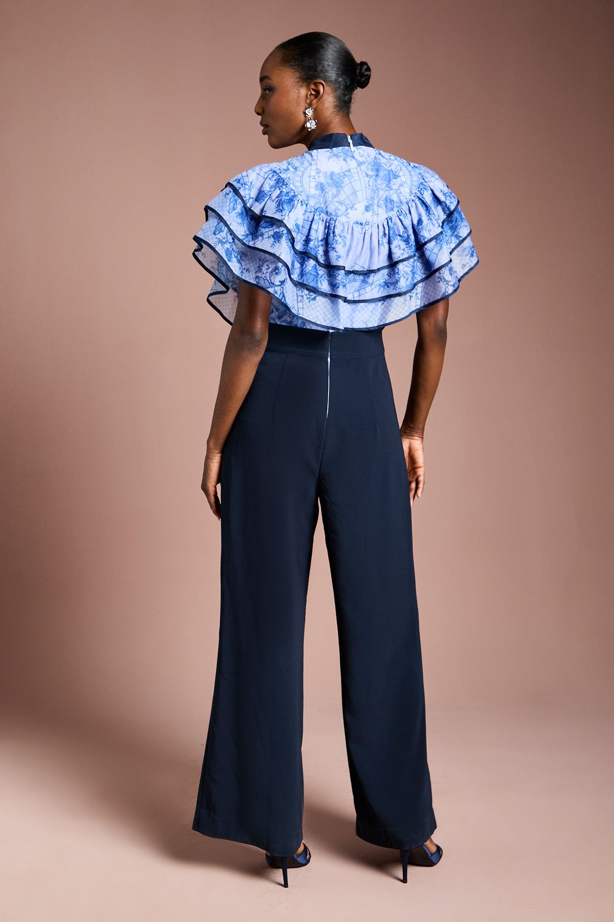 Coast Printed Organza Ruffle Sleeve Wide Leg Jumpsuit Navy image 3