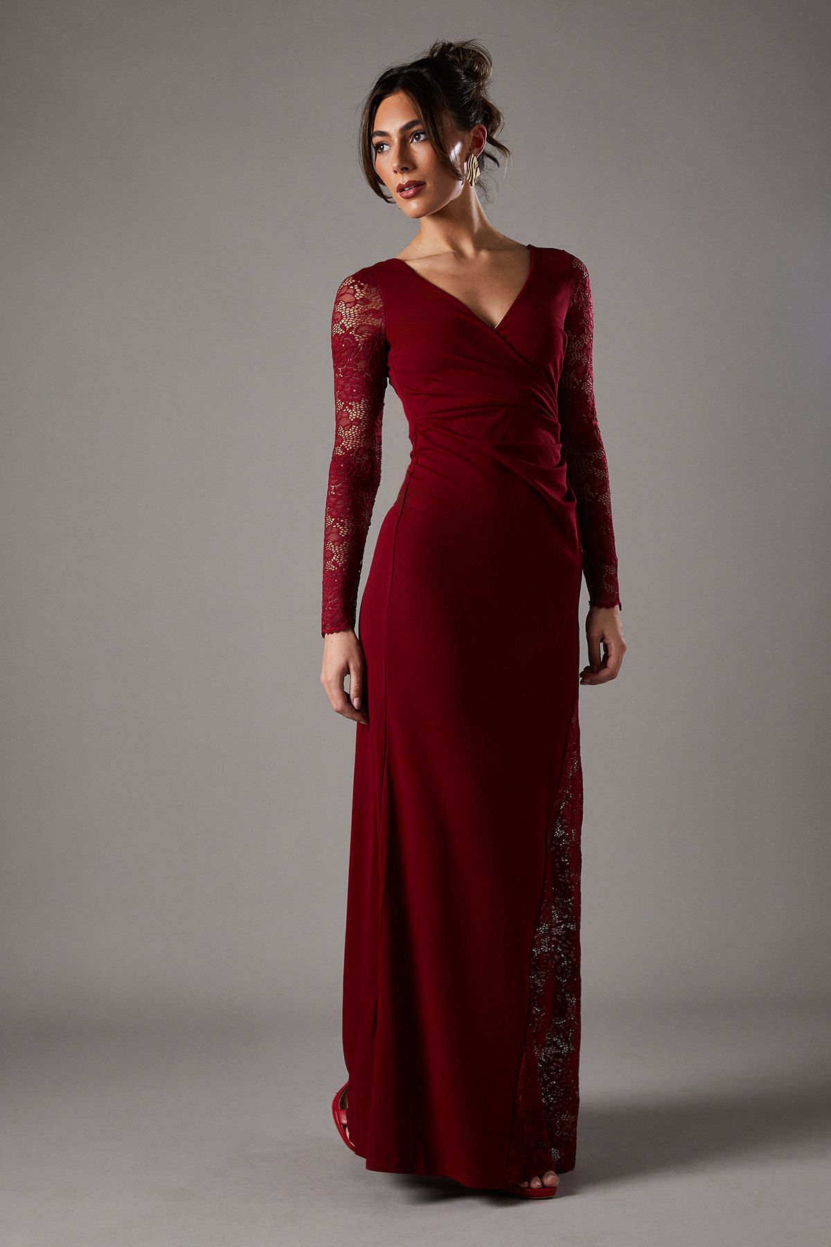 Coast Long Sleeve Maxi Dress With Lace Wine image 1