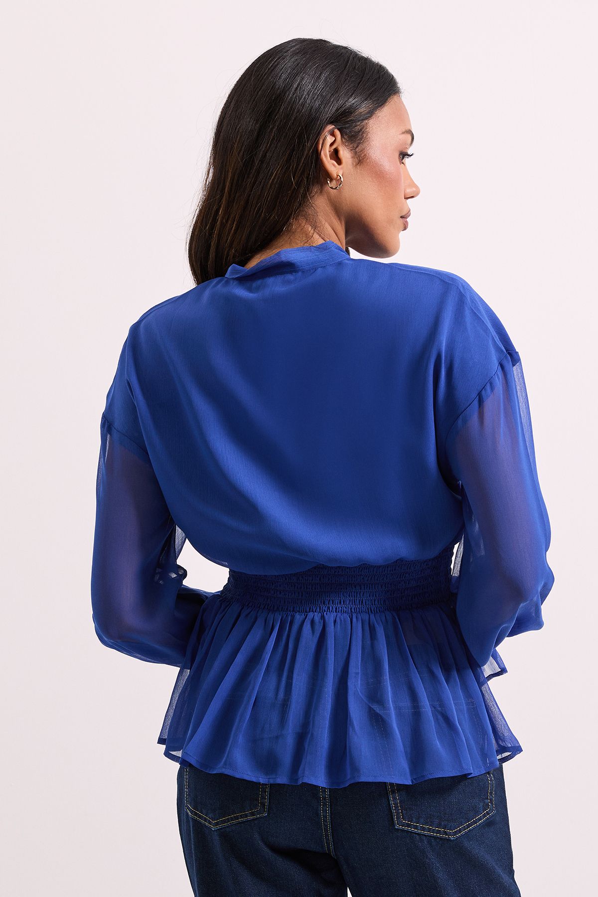 Dorothy Perkins Tie Neck Shirred Waist Boho Blouse Cobalt image 3