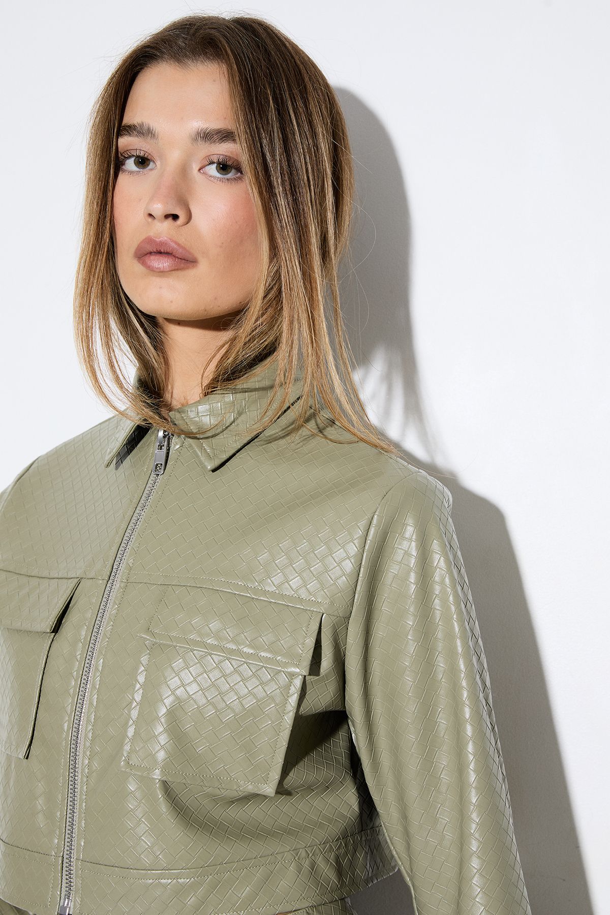 MissPap Woven Detail Faux Leather Jacket Olive image 4