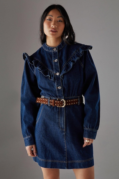 Warehouse Petite Denim Frill Yoke Relaxed Mini Shirt Dress Dark Wash