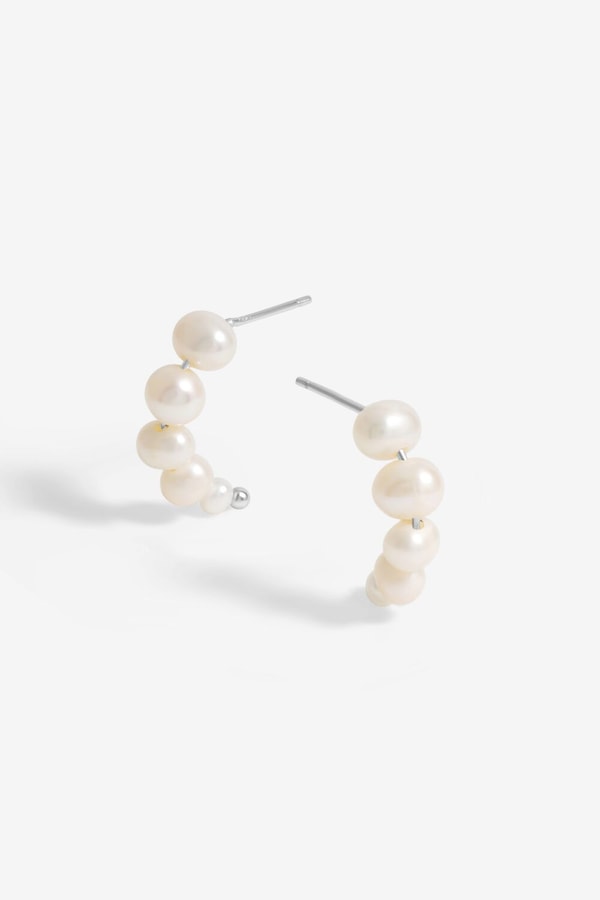 Simply Silver Sterling Silver 925 Graduated Pearl Hoop Earrings
