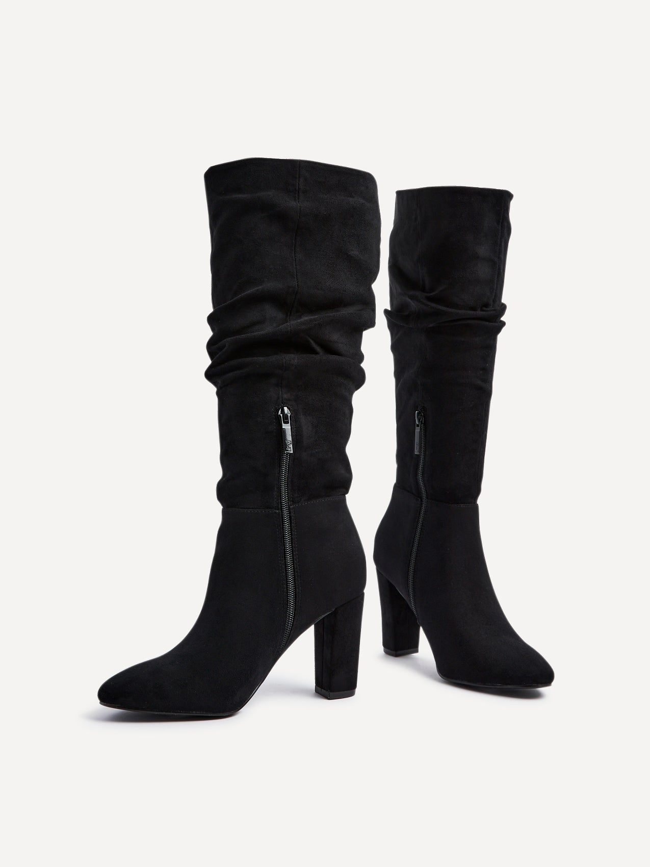 Linzi Aura Black Faux Suede Ruched Knee High Heeled Boot image 4