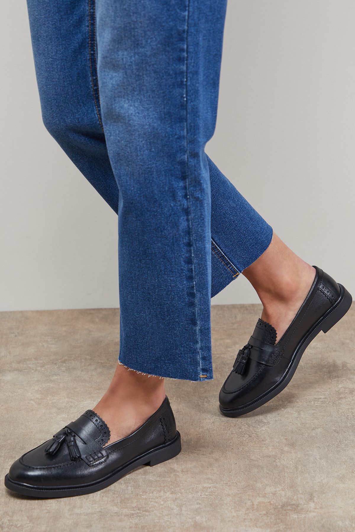 Oasis Bunny Real Leather Brogue Detail Tassel Loafers Black image 2