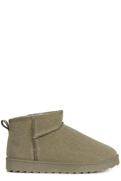 Linzi Ultra Mini Addy Khaki Faux Suede Faux Fur Lined Ultra Mini Ankle Boot