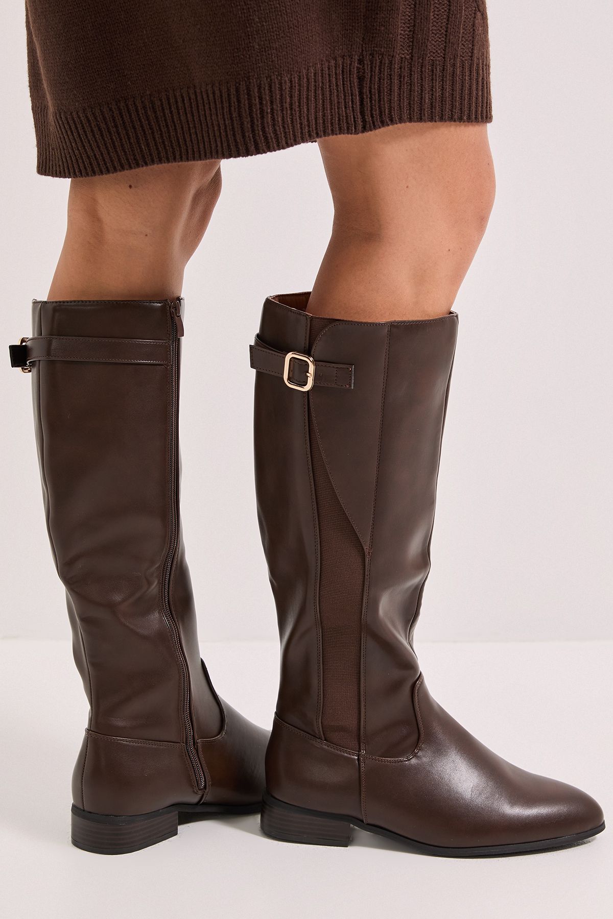 Dorothy Perkins Wide Fit Kamille Faux Leather Elastic Knee High Riding Boots Brown image 3