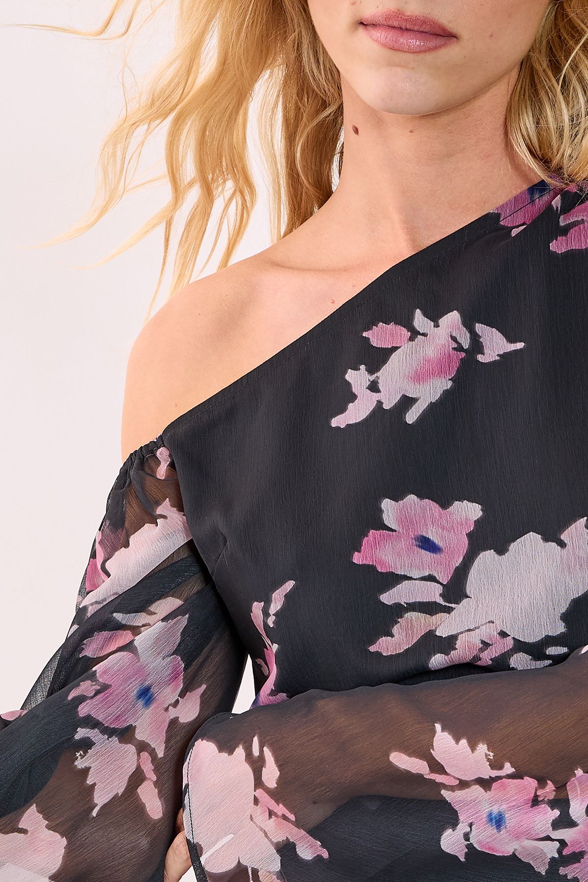 NastyGal Floral Chiffon Off The Shoulder Wide Sleeve Top Black image 5