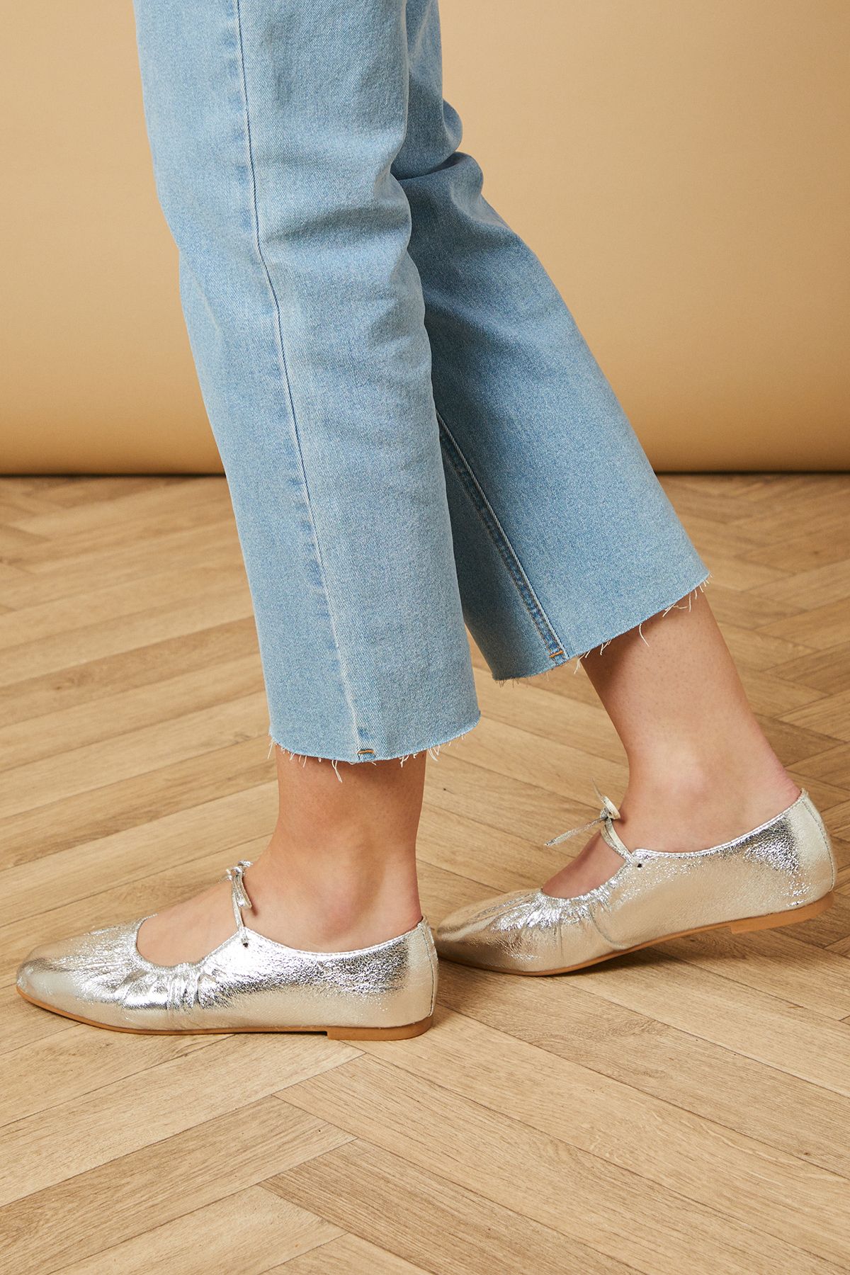 Oasis Elizabeth Faux Leather Lace Up Detail Flat Ballet Pumps Silver image 1